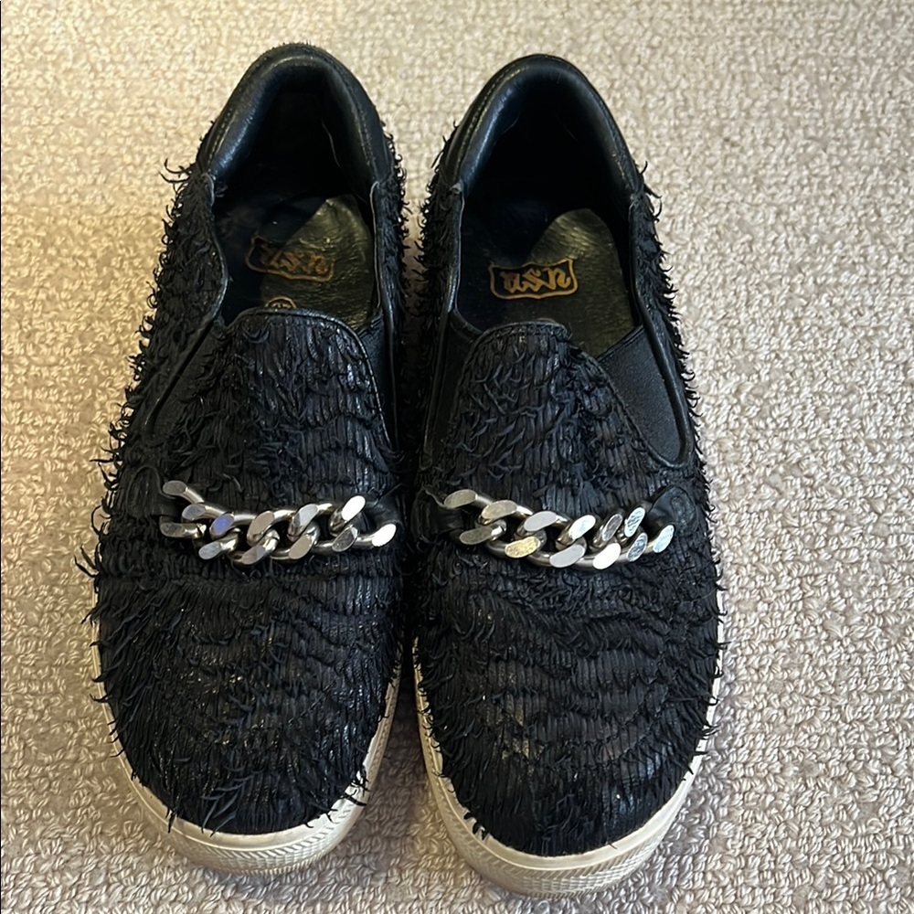 ASH Trendy Black Slip-On Sneakers with Silver Chain Detail. Size 37.